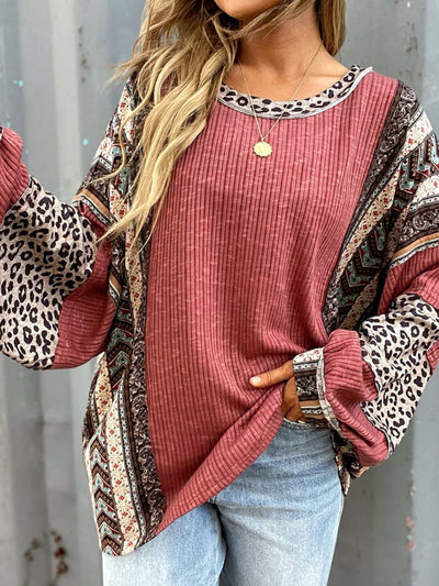 Explore More Collection - Leopard Round Neck Long Sleeve Sweatshirt