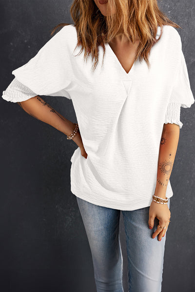 Explore More Collection - Smocked Johnny Collar Half Sleeve Blouse