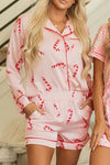 Explore More Collection - Candy Cane Collared Neck Long Sleeve Top and Shorts Lounge Set