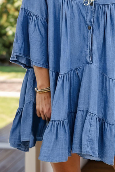 Explore More Collection - Notched Flare Sleeve Denim Dress