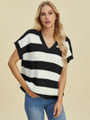 Explore More Collection - Double Take Full Size Striped V-Neck Short Sleeve Sweater