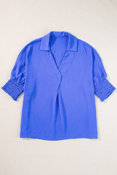 Explore More Collection - Smocked Johnny Collar Half Sleeve Blouse