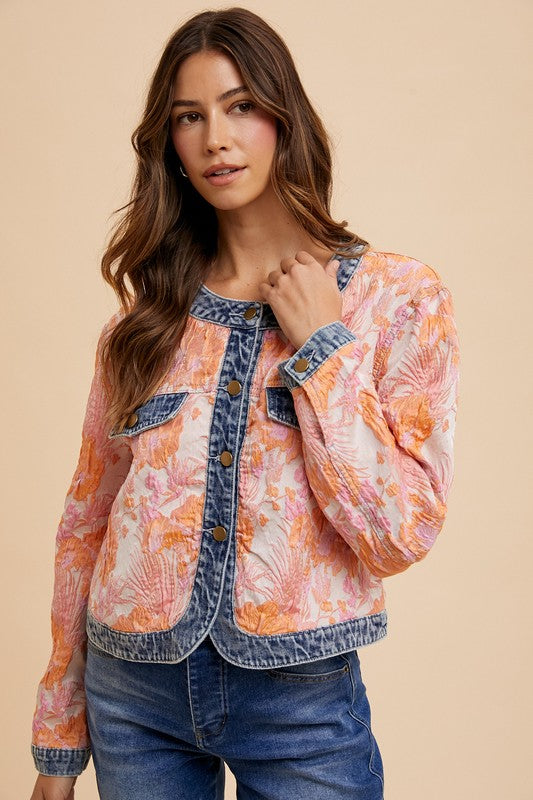 Explore More Collection - Annie Wear Floral Jacquard Denim Contrast Button Down Jacket