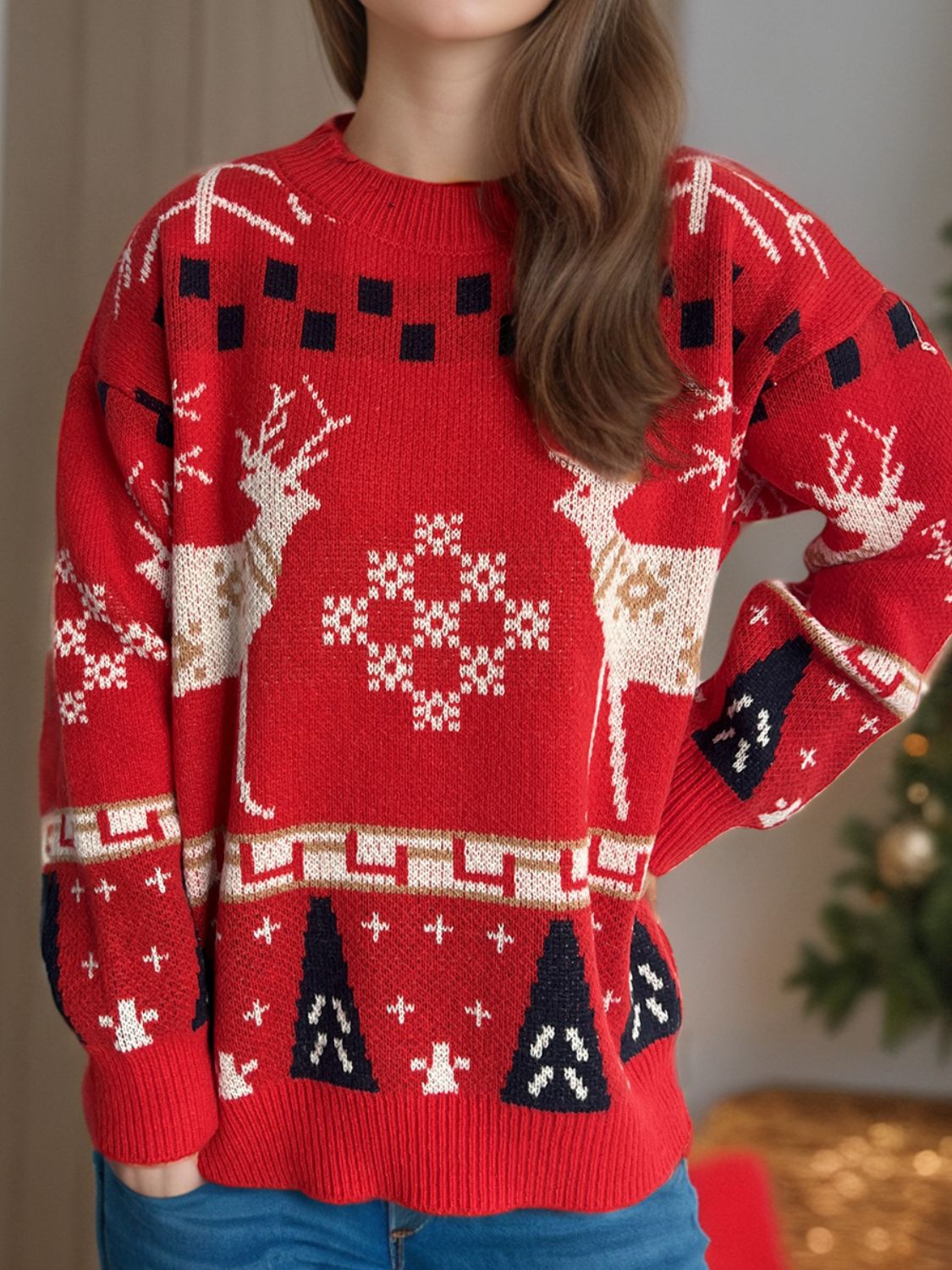 Explore More Collection - Christmas Element Round Neck Long Sleeve Sweater