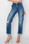 Explore More Collection - RISEN Full Size High Rise Cargo Ankle Roll Up Straight Jeans