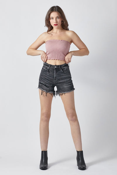 Explore More Collection - RISEN Raw Hem Denim Shorts with Pockets