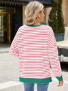 Explore More Collection - Slit Striped Round Neck Long Sleeve Sweatshirt