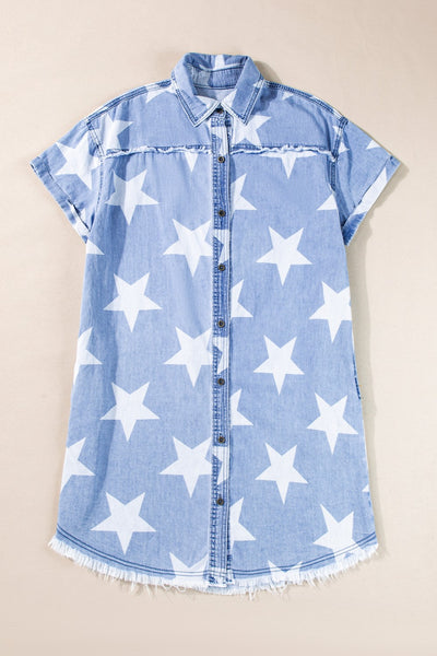 Explore More Collection - Raw Hem Star Short Sleeve Denim Dress