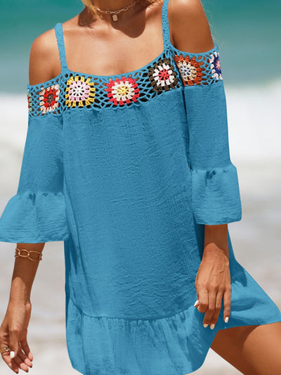 Explore More Collection - Crochet Cold Shoulder Three-Quarter Sleeve Cover Up