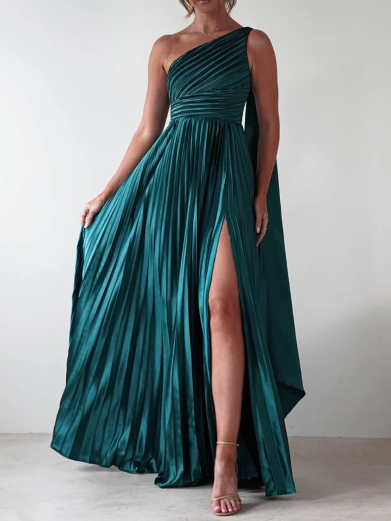 One-Shoulder Pleated Slit Maxi Dress