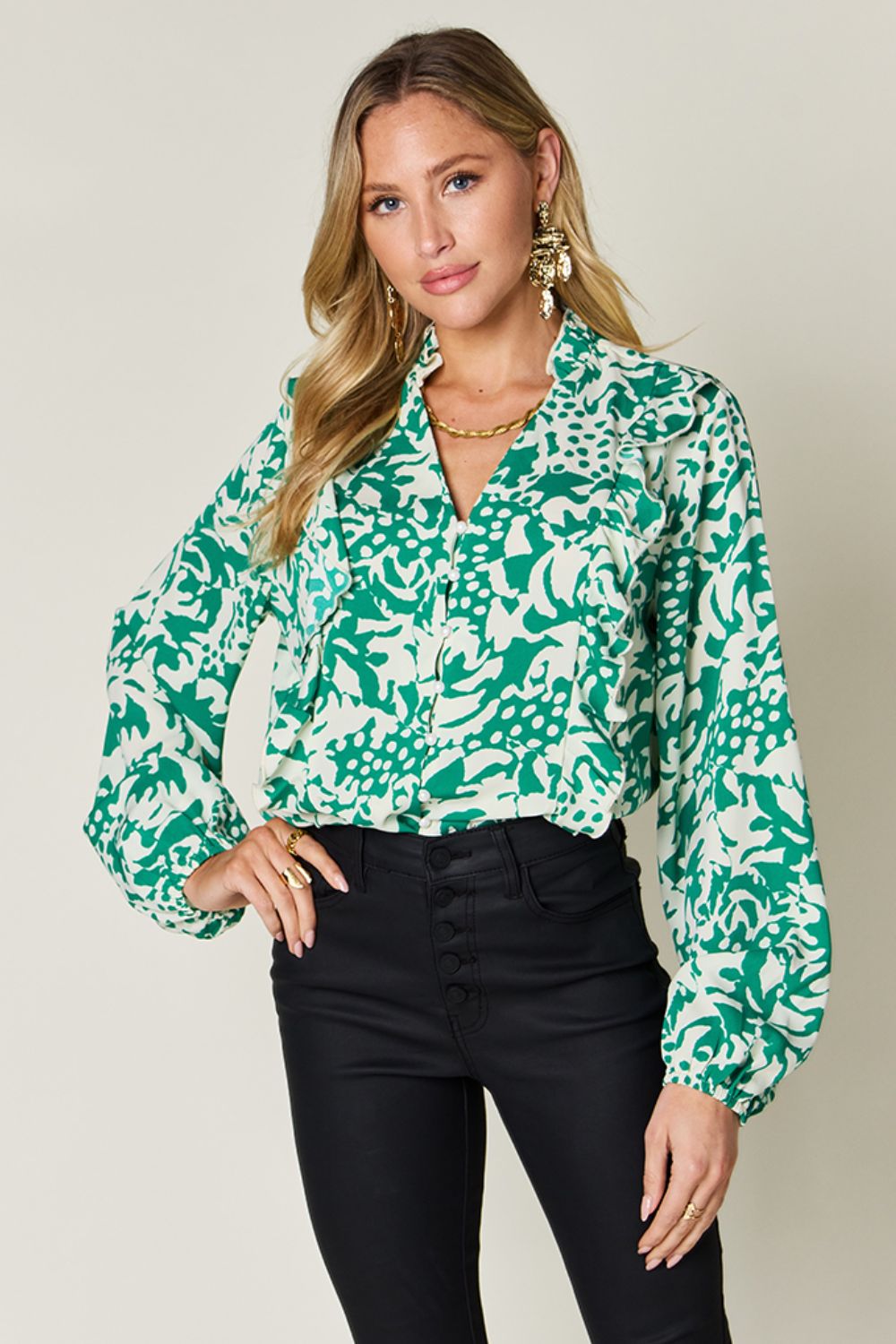 Explore More Collection - Double Take Full Size Printed Ruffle Trim Balloon Sleeve Shirt