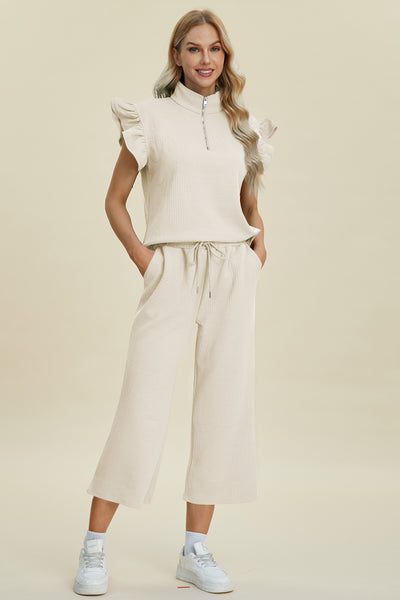 Explore More Collection - Double Take Full Size Texture Ruffle Short Sleeve Top and Wide Leg Pants Set