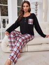 Explore More Collection - Round Neck Long Sleeve Top and Plaid Pants Lounge Set