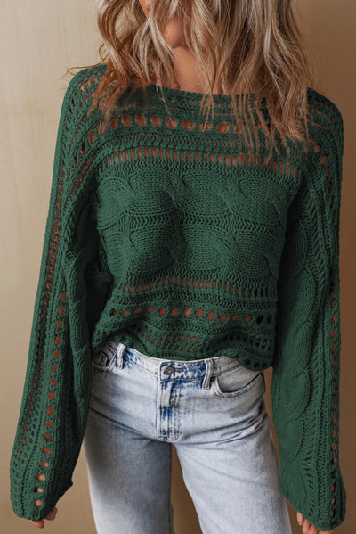 Explore More Collection - Cable-Knit Openwork Long Sleeve Sweater