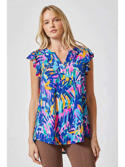 Lolian - Print Wrinkle Free Top With Split Neckline