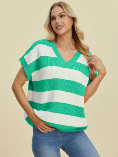 Explore More Collection - Double Take Full Size Striped V-Neck Short Sleeve Sweater