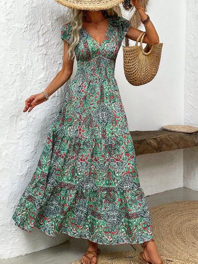 Explore More Collection - Smocked Printed Cap Sleeve Midi Dress