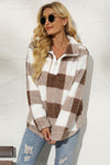 Explore More Collection - Shiny Plaid Half Zip Long Sleeve Sweatshirt