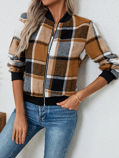 Explore More Collection - Plaid Zip Up Long Sleeve Jacket