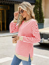 Explore More Collection - Slit Striped Round Neck Long Sleeve Sweatshirt