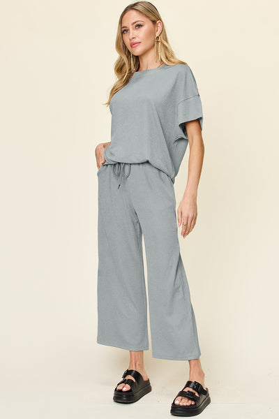 Explore More Collection - Double Take Full Size Texture Round Neck Short Sleeve T-Shirt and Wide Leg Pants