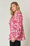 Explore More Collection - Double Take Full Size Printed Ruffle Trim Balloon Sleeve Shirt