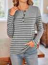 Explore More Collection - Quarter Button Striped Round Neck Long Sleeve T-Shirt