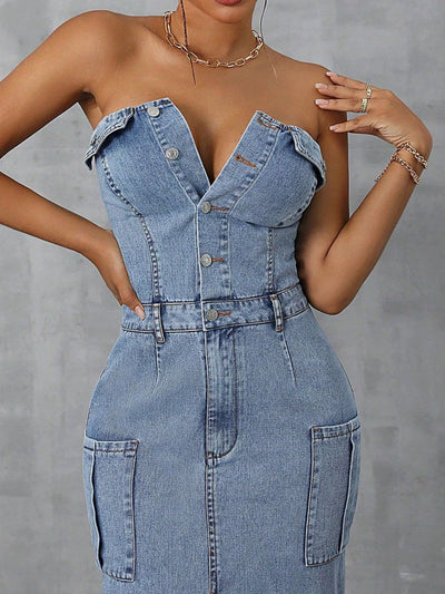 Explore More Collection - Slit Half Button Tube Denim Dress