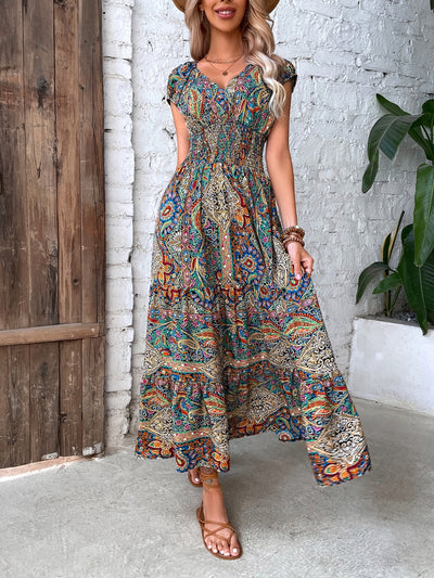 Explore More Collection - Smocked Printed Cap Sleeve Midi Dress