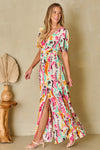 Explore More Collection - Slit Printed Surplice Short Sleeve Maxi Dress