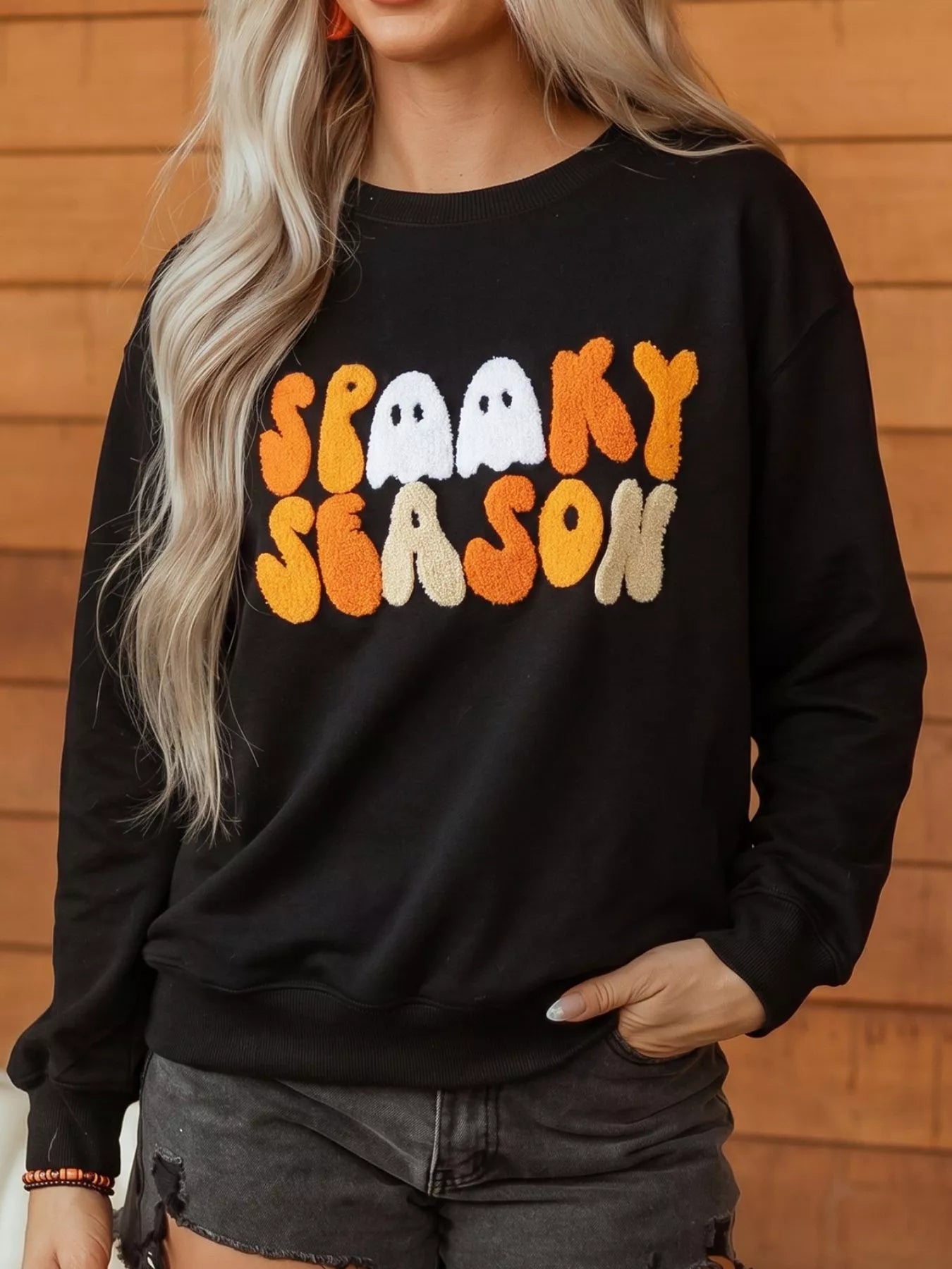 Embroidered Spooky Season Long Sleeve Round Neck Sweatshirt