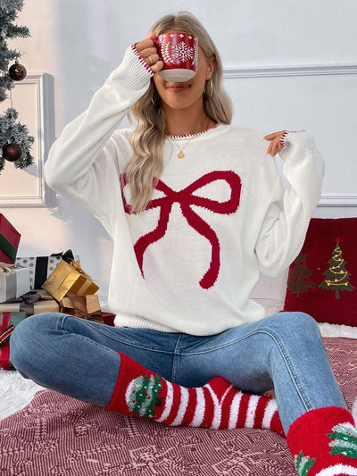 Explore More Doorbusters - Perfee Bow Round Neck Long Sleeve Sweater