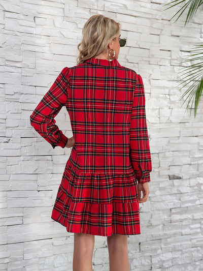 Explore More Collection - Ruffle Hem Plaid Button Down Long Sleeve Dress