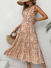 Explore More Collection - Frill Cutout Printed Round Neck Sleeveless Dress