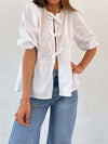 Explore More Collection - Tied Round Neck Balloon Sleeve Shirt