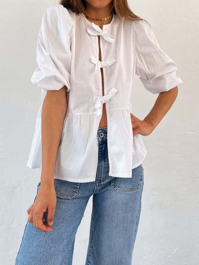 Explore More Collection - Tied Round Neck Balloon Sleeve Shirt