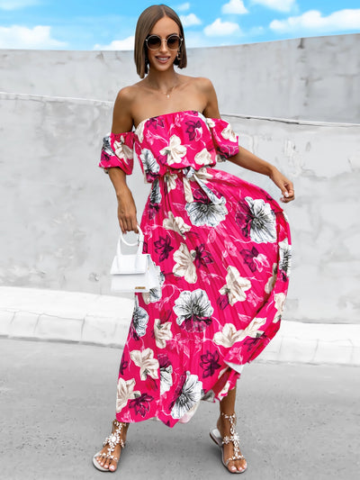 Explore More Collection - Pleated Floral Off-Shoulder Short Sleeve Midi Dress