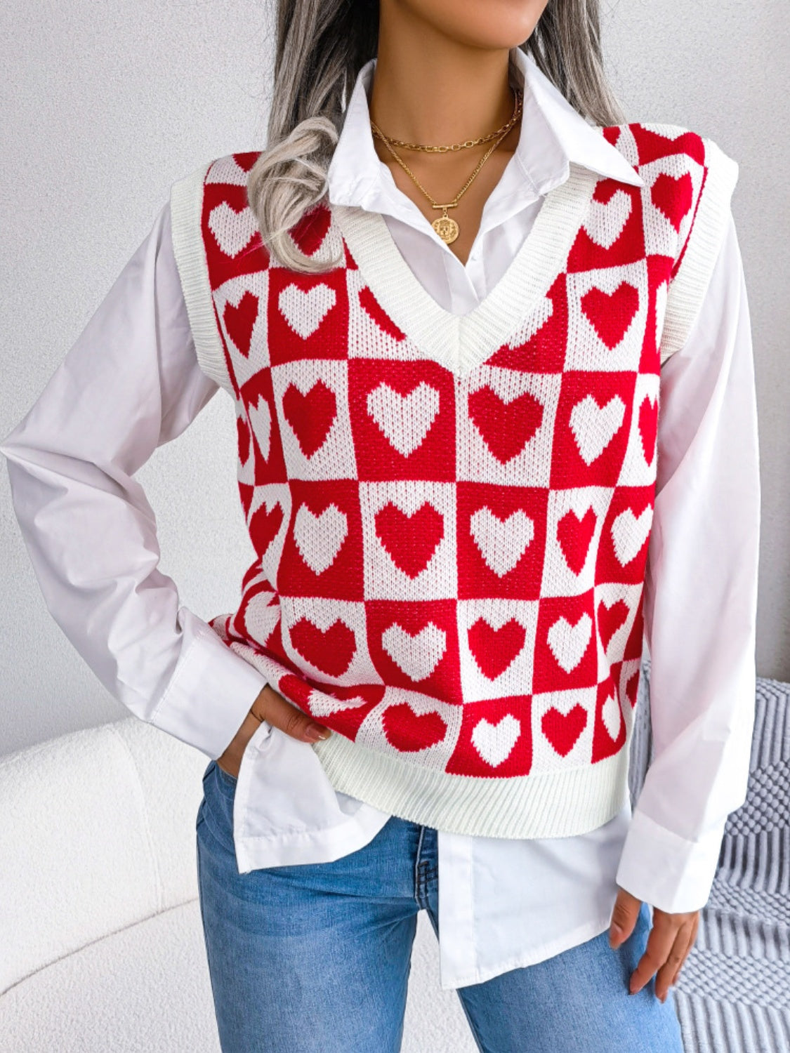 Explore More Collection - Heart V-Neck Sweater Vest