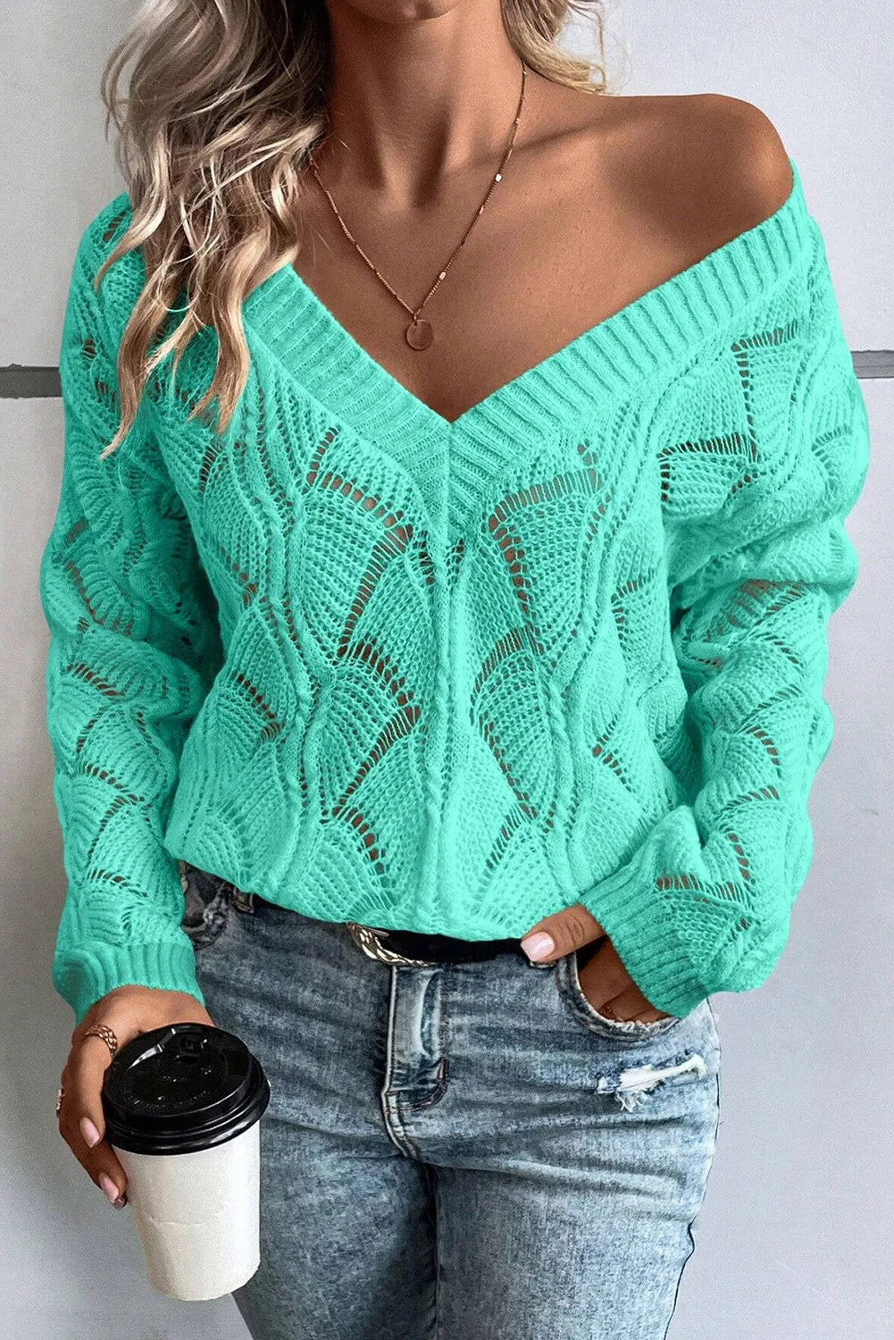 Explore More Collection - Openwork V-Neck Long Sleeve Sweater