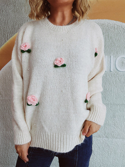 Explore More Collection - Flower Round Neck Long Sleeve Sweater