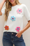 Explore More Collection - Flower Round Neck Short Sleeve Sweater