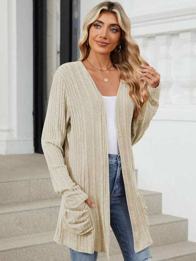 Explore More Collection - Pocketed Open Front Long Sleeve Cardigan