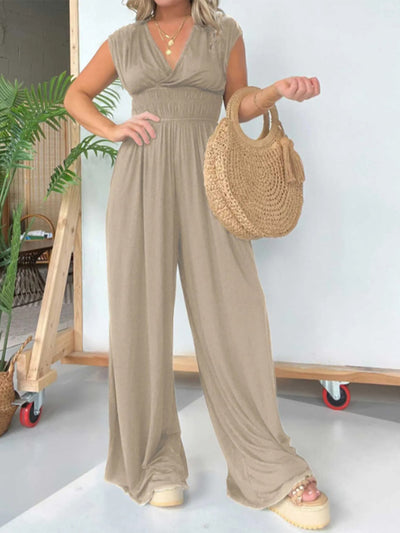 Explore More Collection - Smocked Cap Sleeve Wide Leg Jumpsuit