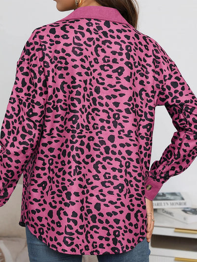 Explore More Collection - Full Size Leopard Collared Neck Button Up Long Sleeve Jacket