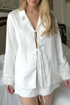 Explore More Collection - Buttery-Soft Tied Fringe Collared Neck Top and Shorts Set