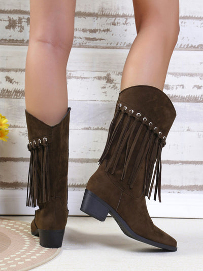 Explore More Collection - Fringe Suede Point Toe Block Heel Boots