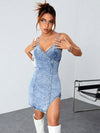 Explore More Collection - Slit Surplice Spaghetti Strap Denim Dress