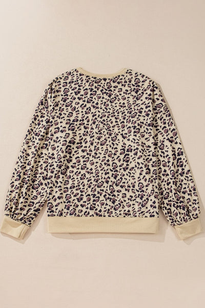 Explore More Collection - Slit Leopard Round Neck Long Sleeve Sweatshirt