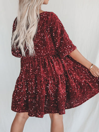 Explore More Collection - Full Size Sequin Round Neck Half Sleeve Mini Dress