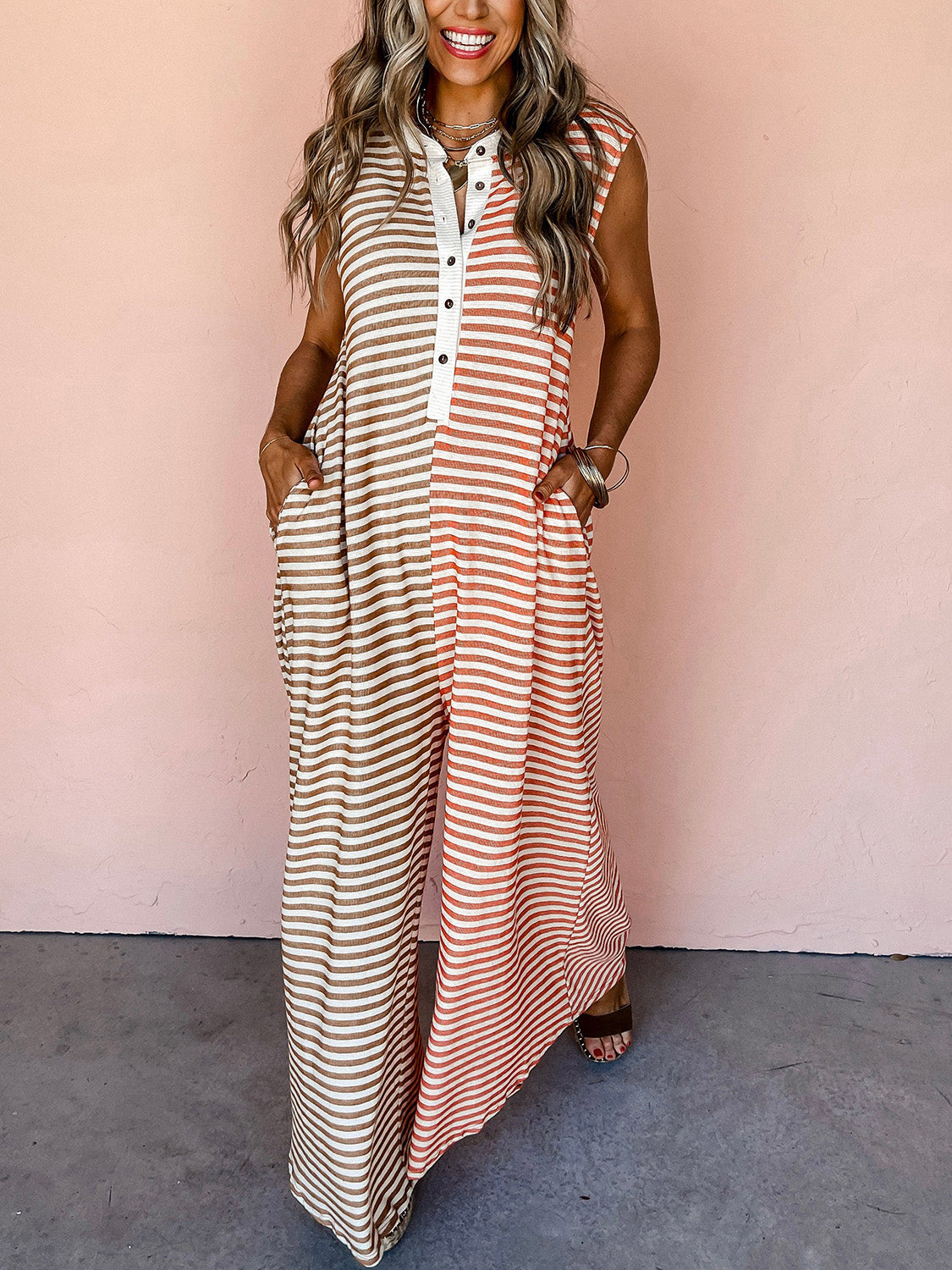 Explore More Collection - Striped Half Button Cap Sleeve Jumpsuit
